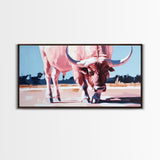 Texas Longhorn, rustic decor, bull and bear art, southwest wall art, pink orange wall art, extra wide art, framed canvas print