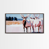 Elk in Snow, deer drinking water in forest painting, wildlife art, moody painting, rustic decor, landscape painting, canvas print