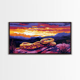 Rattlesnake Sunset, wildlife painting, southwest wall art, mountain painting, rustic decor, panoramic art, Framed Canvas Print, farmhouse art