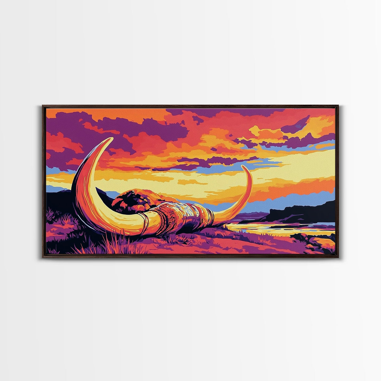 Longhorn, skull, desert scene, rustic cow skull, western wall art, fall decor, extra wide art, cowboy aesthetic, framed canvas print