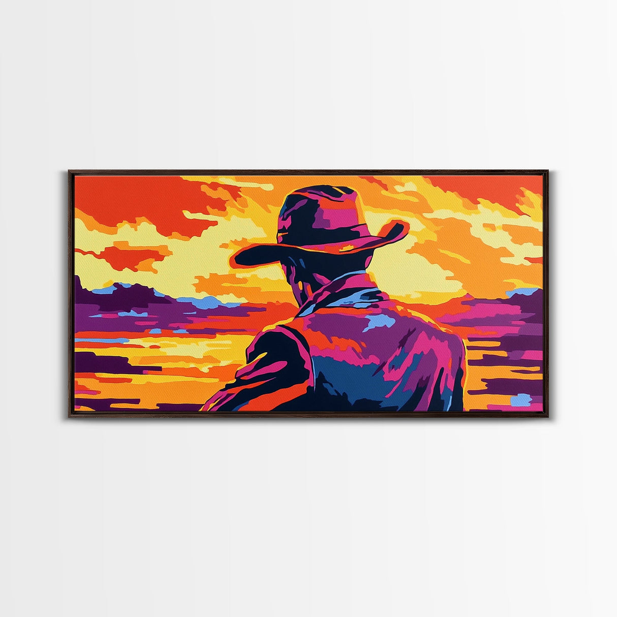 Cowboy, western silhouette, sunset art, ranch aesthetic, moody wall art, bold colors, extra wide art, rustic decor, framed canvas print
