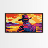 Cowboy, western silhouette, sunset art, ranch aesthetic, moody wall art, bold colors, extra wide art, rustic decor, framed canvas print