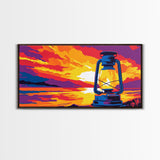 Lantern, rustic, western glow, vintage camping, cowboy night, scenic sunset, farmhouse wall art, extra wide art, canvas print