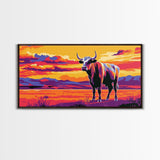 Bull, cattle, western ranch, cowboy lifestyle, moody colors, rustic home decor, scenic landscape, extra wide art, canvas print