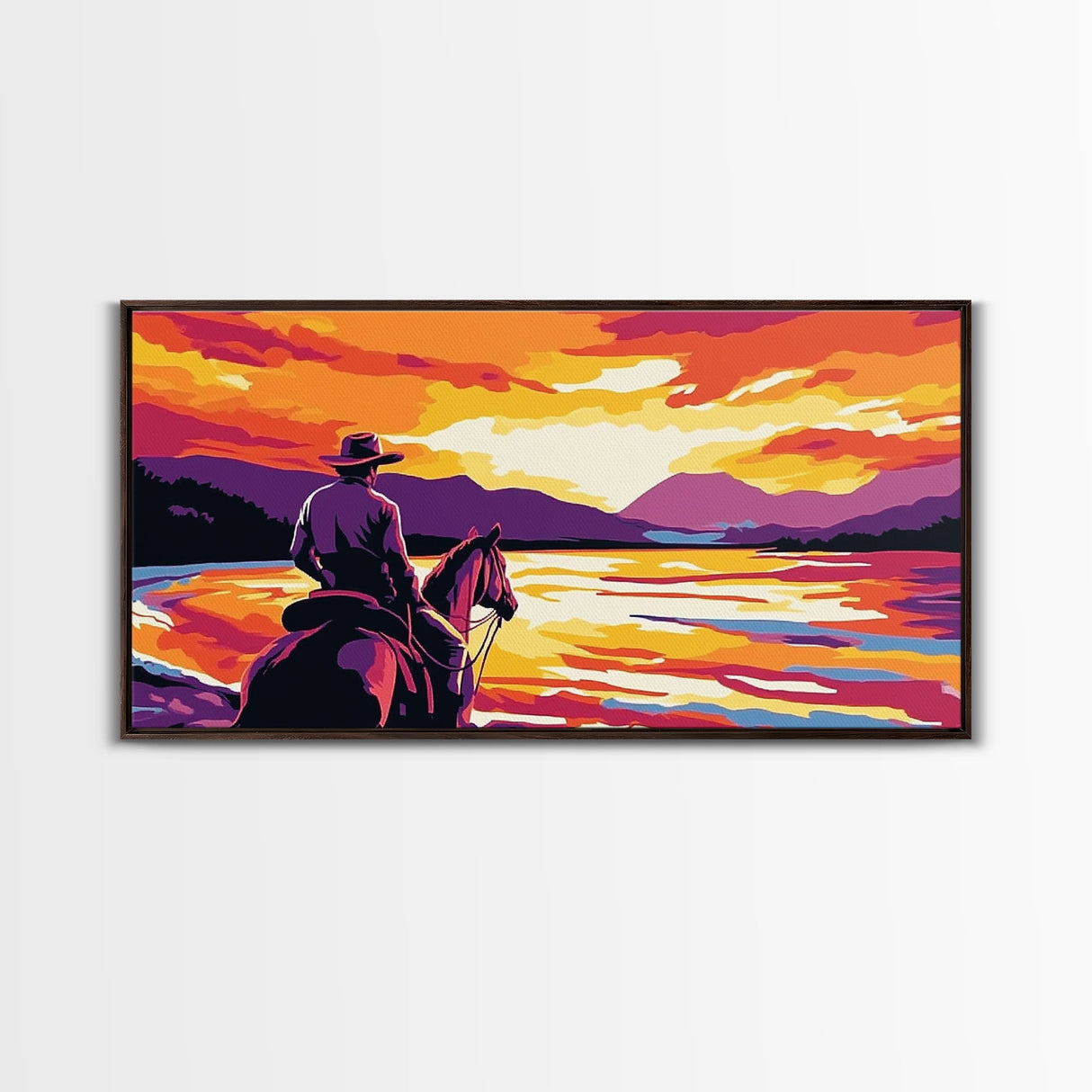 Cowboy on horseback, western silhouette, river sunset, rustic art, moody landscape, extra wide painting, vintage western, framed canvas print