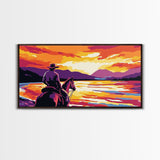 Cowboy on horseback, western silhouette, river sunset, rustic art, moody landscape, extra wide painting, vintage western, framed canvas print