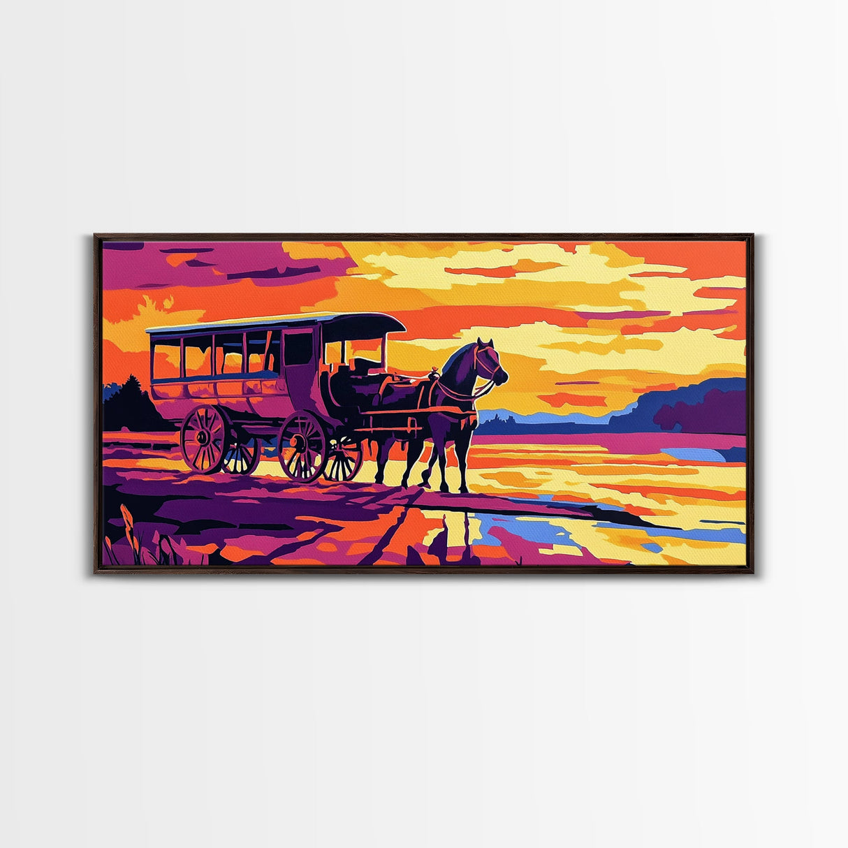 Horse carriage, old west, sunset scene, rustic western art, nostalgic painting, moody colors, extra wide wall art, canvas print