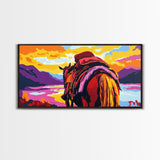 Pack horse, rugged adventure, cowboy aesthetic, mountain sunset, rustic decor, extra wide art, nostalgic western, framed canvas print