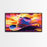 Cowboy hat, western decor, rustic style, bold colors, country aesthetic, southwest wall art, moody sunset, framed canvas print