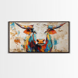 Vibrant Bull Art, rustic decor, extra wide art, farmhouse art, bold color wall art, southwestern painting, framed canvas print, modern rustic art
