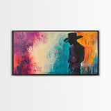 Silhouette Cowboy Art, rustic wall art, western painting, moody art, cowboy painting, extra wide art, farmhouse decor, canvas print, gift idea