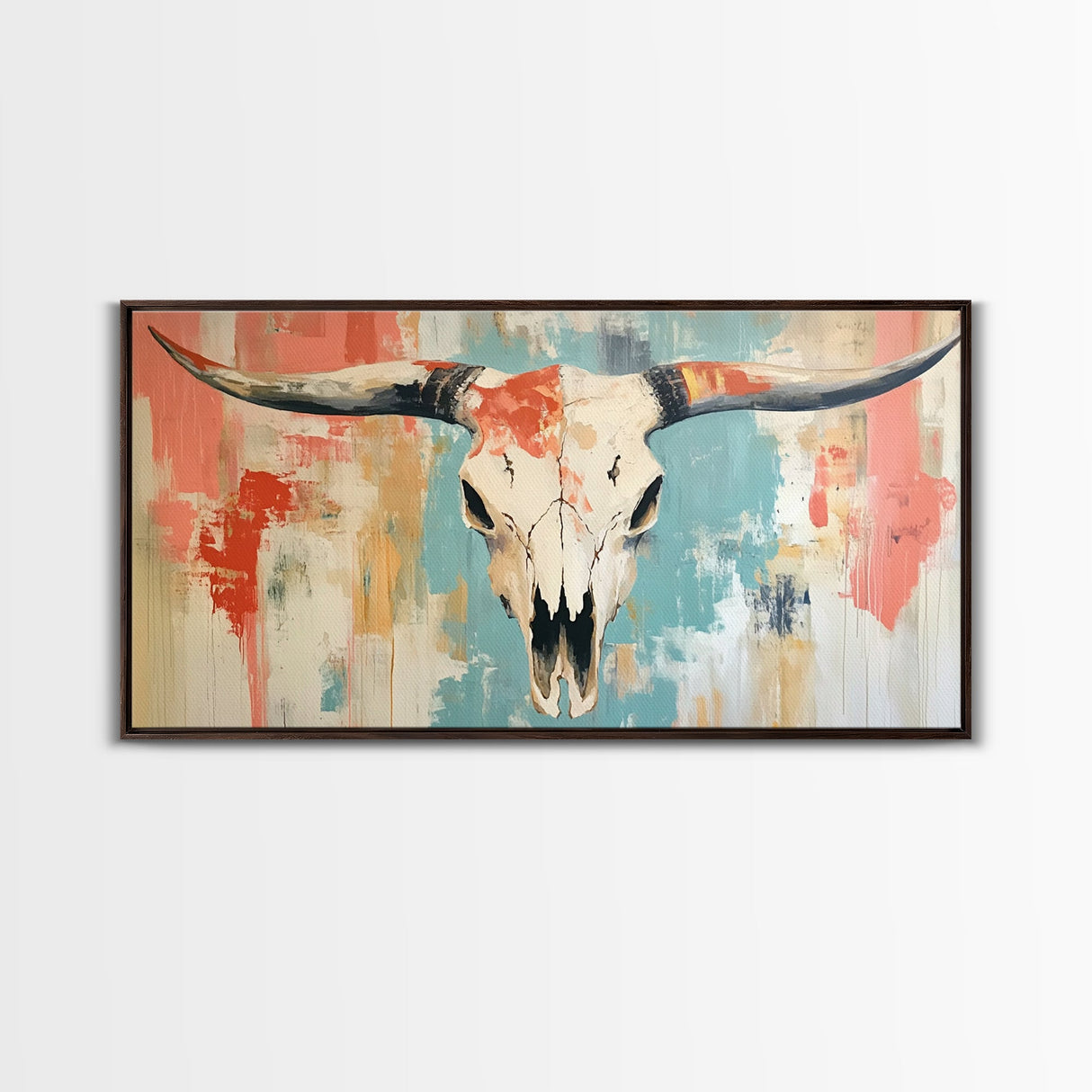 Longhorn Skull Art, southwest wall art, boho art, rustic decor, skull art, extra wide art, wabi sabi art, framed canvas print, farmhouse art