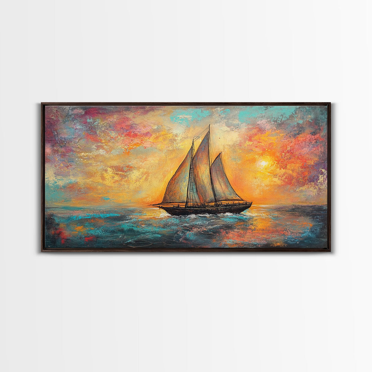 Sailboat at Sunset, nautical painting, coastal decor, seascape painting, beach house art, extra wide art, oil painting, canvas print