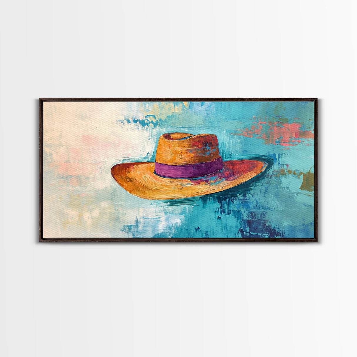 Western Hat, Boho Art, Rustic Wall Art, Southwest Art, Moody Painting, Extra Wide Art, Minimalist Art, Framed Canvas Print