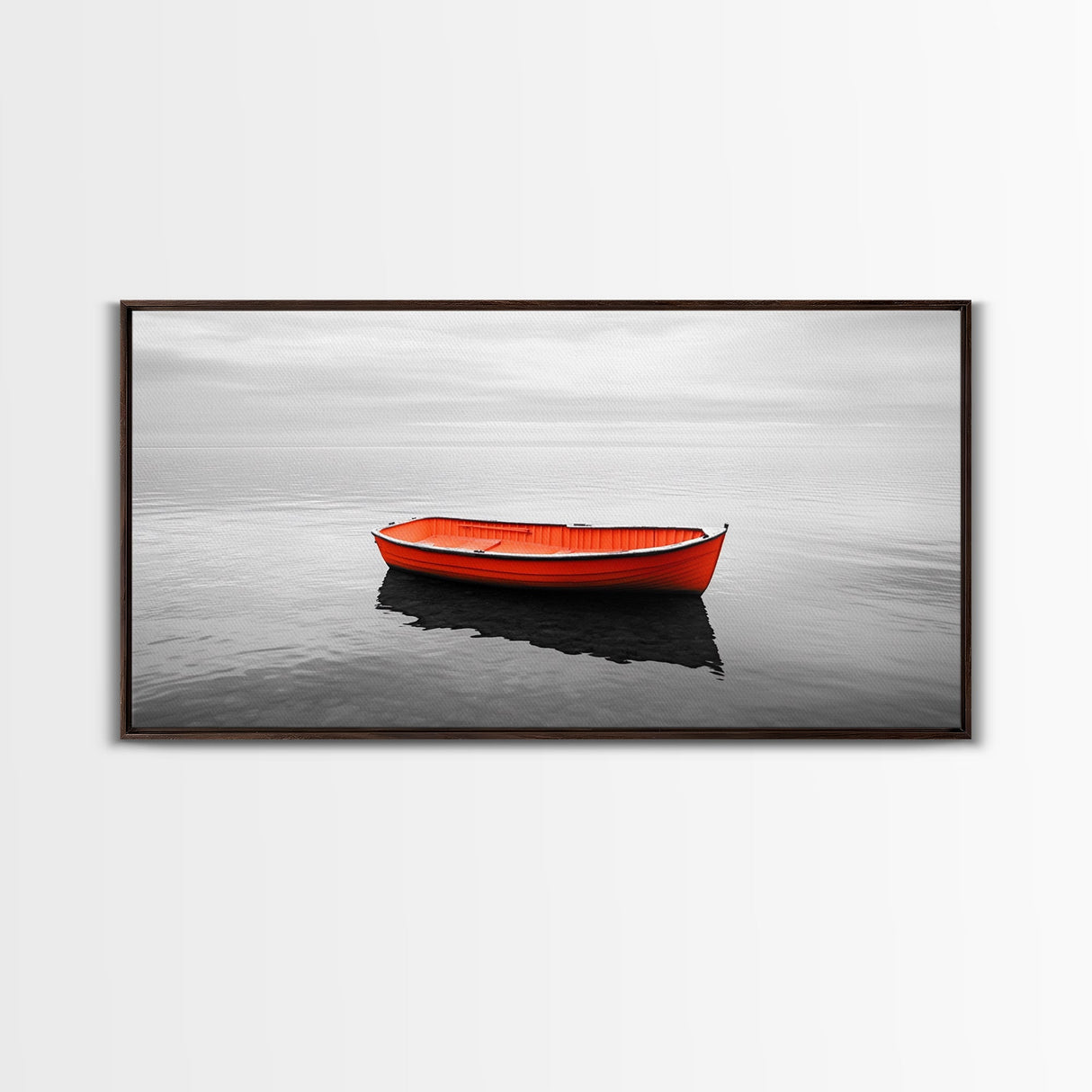 Lone Red Boat, coastal wall art, seascape painting, nautical decor, minimalist art, black and white photography, above couch art, Framed Canvas Print