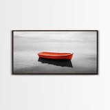 Lone Red Boat, coastal wall art, seascape painting, nautical decor, minimalist art, black and white photography, above couch art, Framed Canvas Print