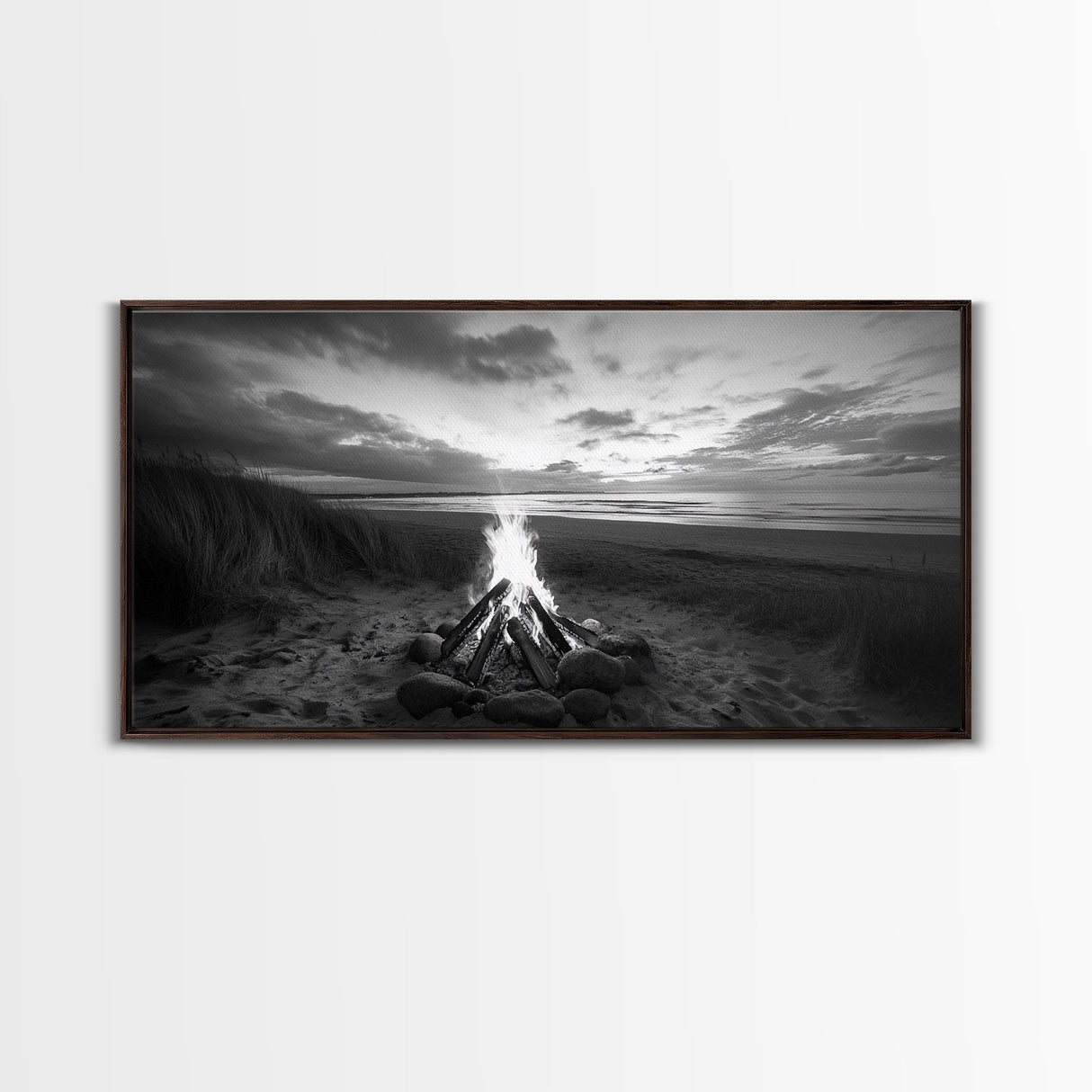 Bonfire on Beach, coastal decor, nautical painting, rustic art, beach sunset print, seascape painting, landscape painting, Framed Canvas Print