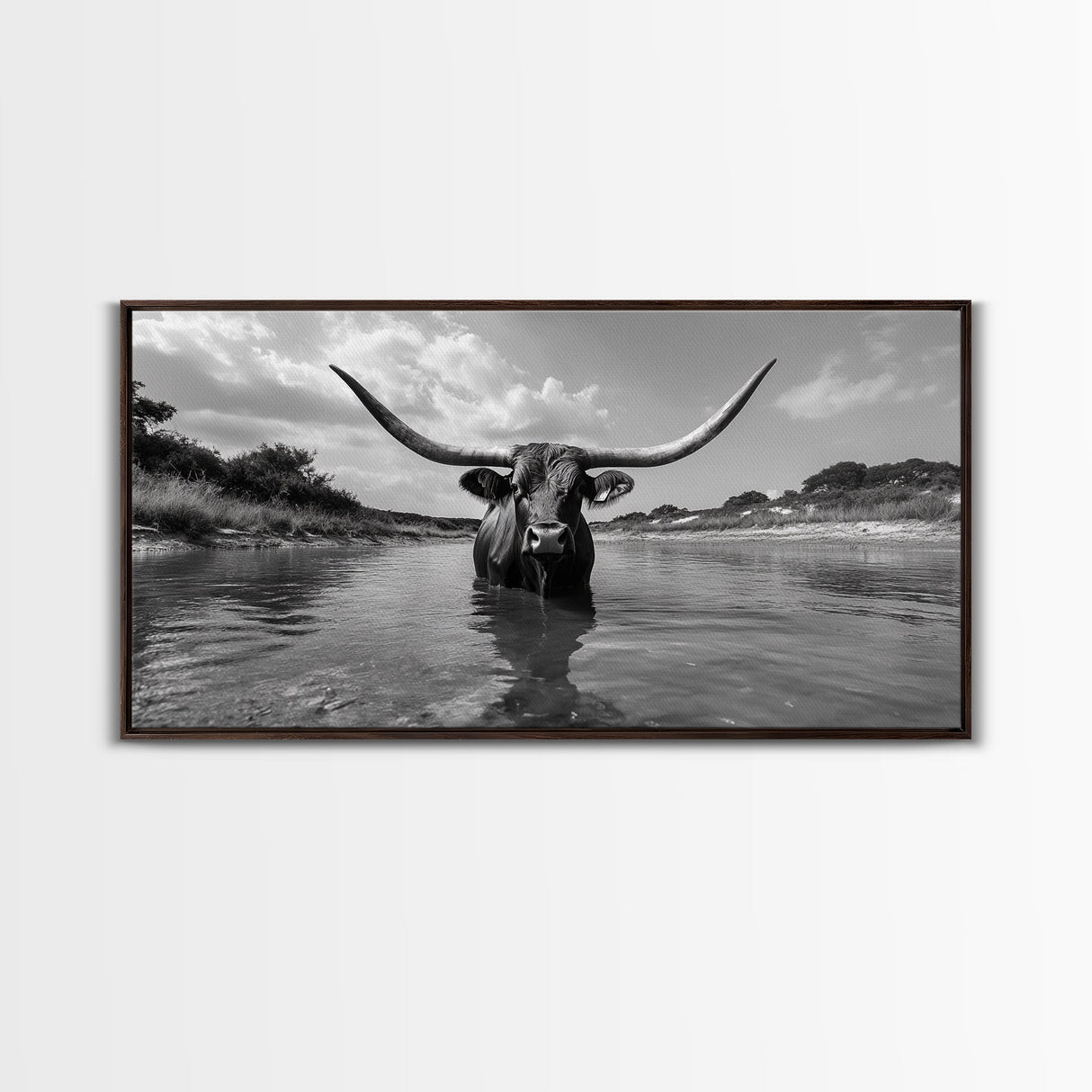 Longhorn in Water, rustic art, western decor, bull and bear art, cowboy wall art, farmhouse art, panoramic art, Framed Canvas Print