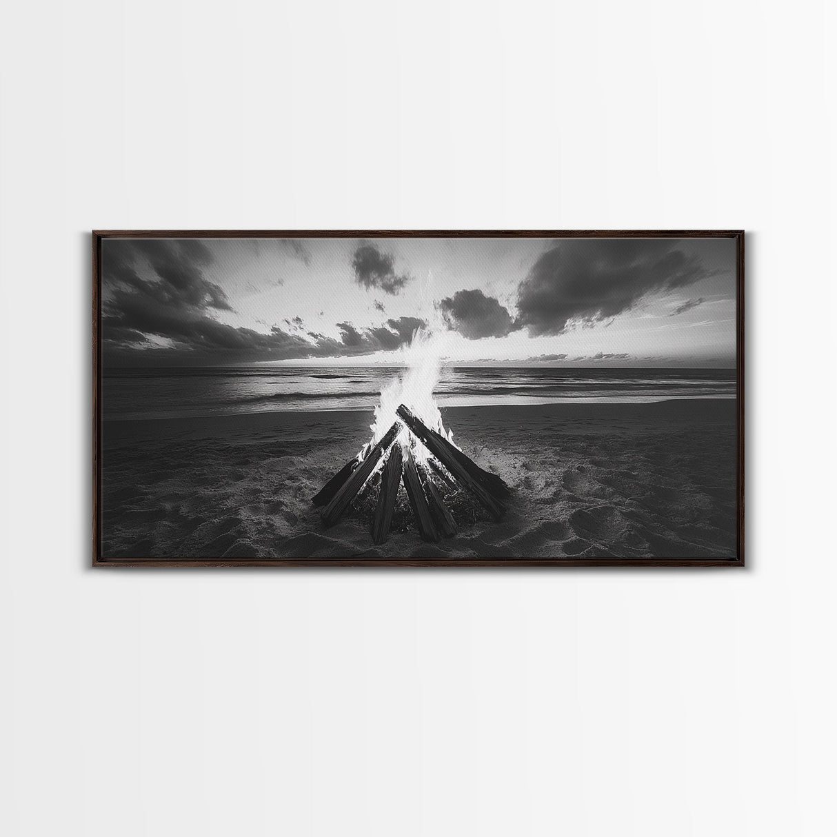 Bonfire On Beach, Coastal Wall Art, Moody Art, Extra Wide Art, Sunset Wall Art, Panoramic Art, Rustic Wall Art, Framed Canvas Print