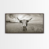 Longhorn, beach, western decor, rustic art, farmhouse art, extra wide art, above sofa art, panoramic painting, framed canvas print