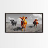 Highland Cows Canvas Print | Rustic Farmhouse Art | Black and White Cattle Painting | Moody Art | Above Sofa Wall Art | Extra Wide Art