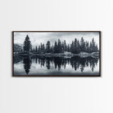 Pine tree reflection, moody art, mountain painting, pine tree art, rustic decor, panoramic art, extra wide art, framed canvas print
