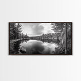 Lake reflection, pine tree art, landscape painting, wabi sabi art, rustic decor, panoramic painting, extra wide art, framed canvas print