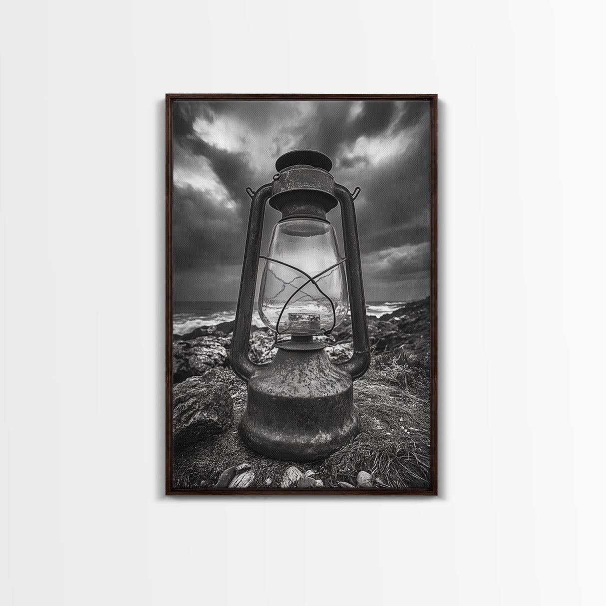 Stormy Lantern by the Sea, nautical decor, moody art, seascape painting, coastal painting, rustic wall art, framed canvas print