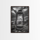 Stormy Lantern by the Sea, nautical decor, moody art, seascape painting, coastal painting, rustic wall art, framed canvas print
