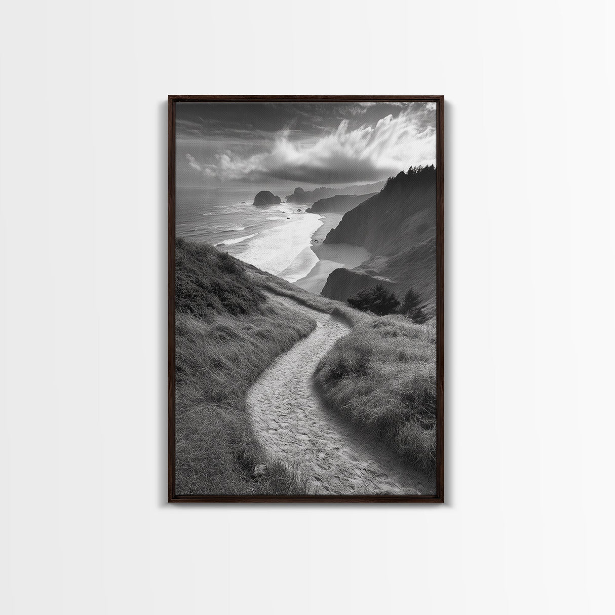 Coastal Pathway, coastal landscape art, seascape painting, nature trail print, ocean decor, beach house art, framed canvas print, nautical decor