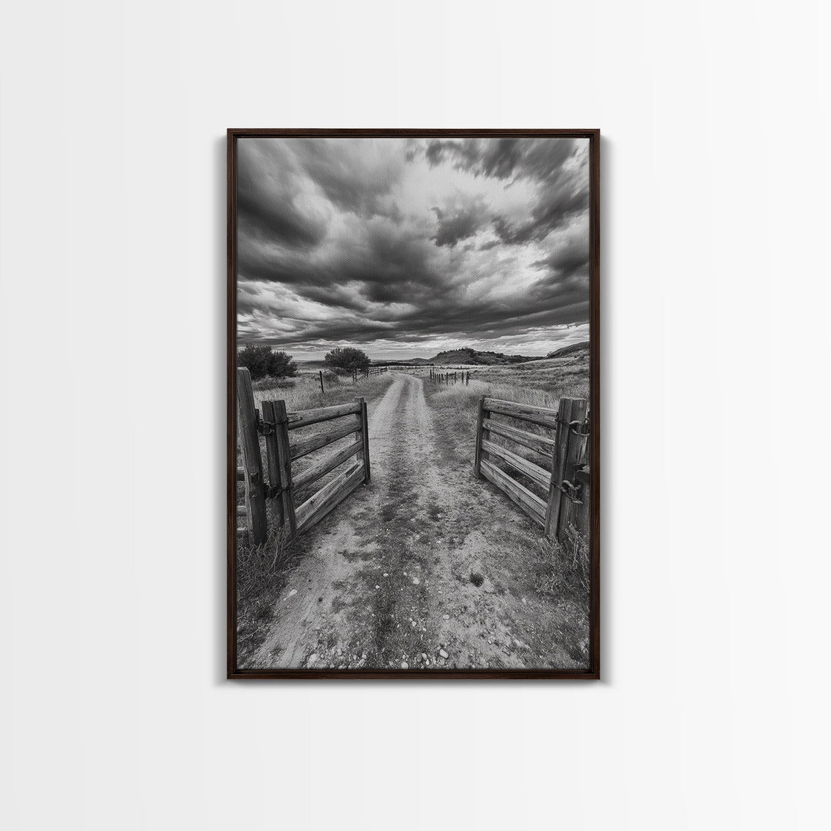 Open Ranch Gate, southwest wall art, moody art, western home decor, rustic art, farmhouse painting, framed canvas print, cowboy aesthetic