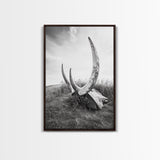 Large horns, rustic skull, bull and bear art, moody wall art, desert decor, cowboy aesthetic, framed canvas print, minimalist art