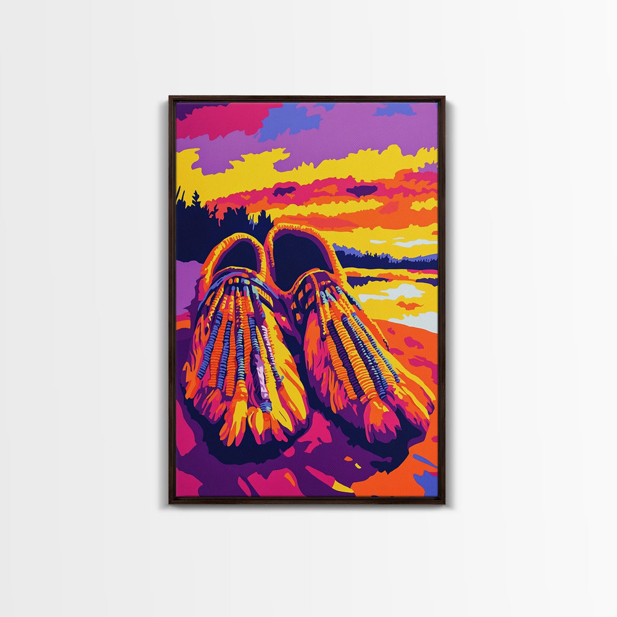 Beaded Moccasins Art, Southwest Wall Art, Pink Orange Wall Art, Boho Western Art, Framed Canvas Print, Rustic Home Decor