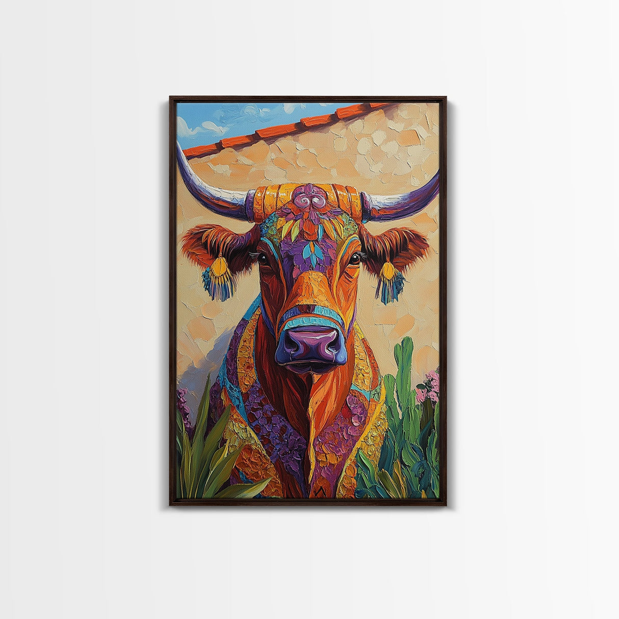 Colorful Bull, Mosaic Wall Art, Chicano Art, Southwest Wall Art, Canvas Print, Farmhouse Art, Rustic Decor, Gift Idea, Boho Art