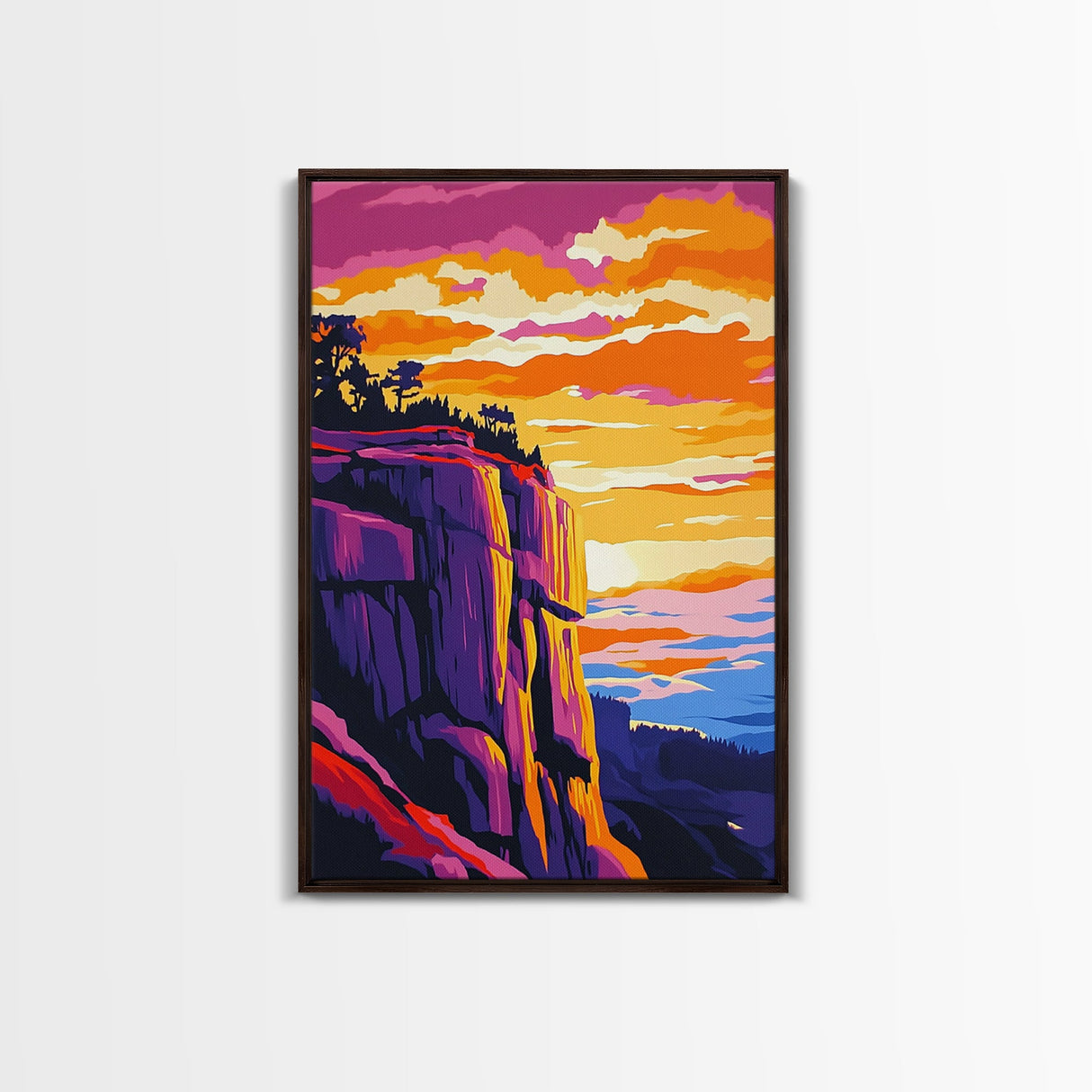 Mountain Cliffs, Southwest Sunset, Canyon Painting, Framed Canvas Print, Pink Orange Wall Art, Joshua Tree Art, Panoramic Art