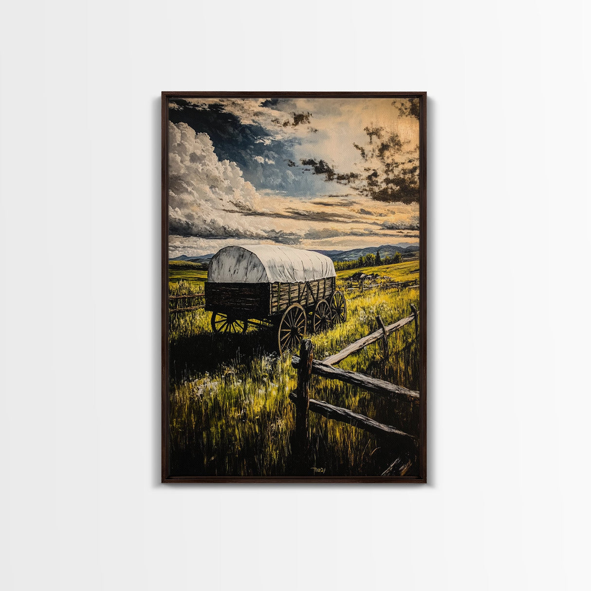 Prairie Wagon, Stormy Sky, Western Landscape, Framed Canvas Print, Rustic Wall Art, Barn Landscape Oil Painting, Farmhouse Art, Moody Art