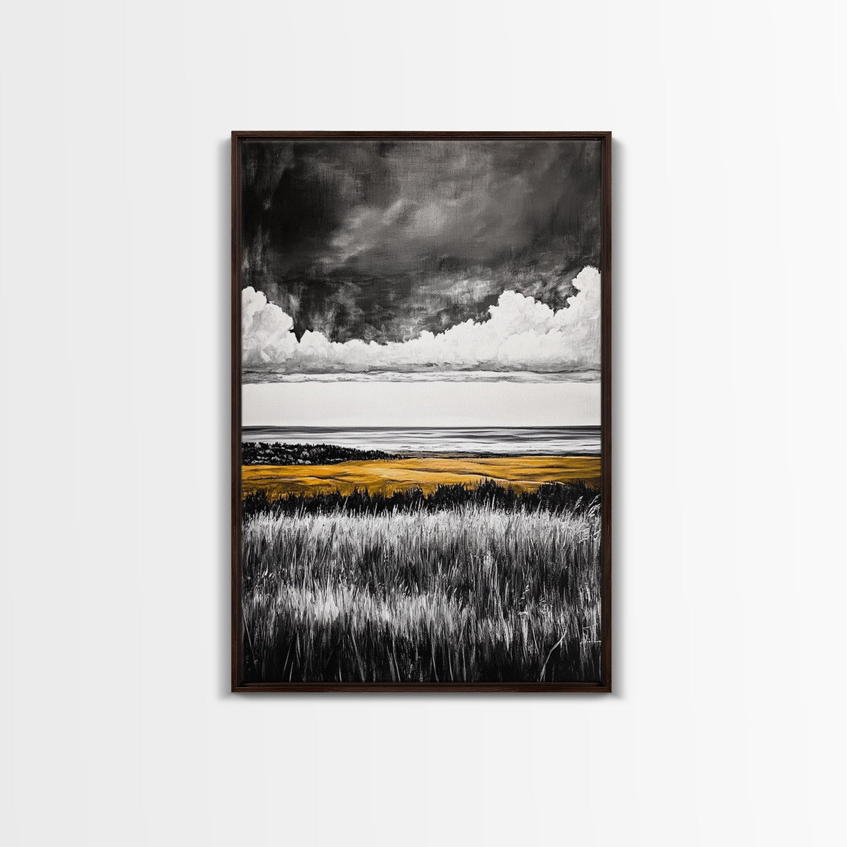 Moody Landscape, dramatic clouds, black and white, gold fields, panoramic art, rustic decor, framed canvas print, extra wide art