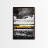 Moody Landscape, dramatic clouds, black and white, gold fields, panoramic art, rustic decor, framed canvas print, extra wide art