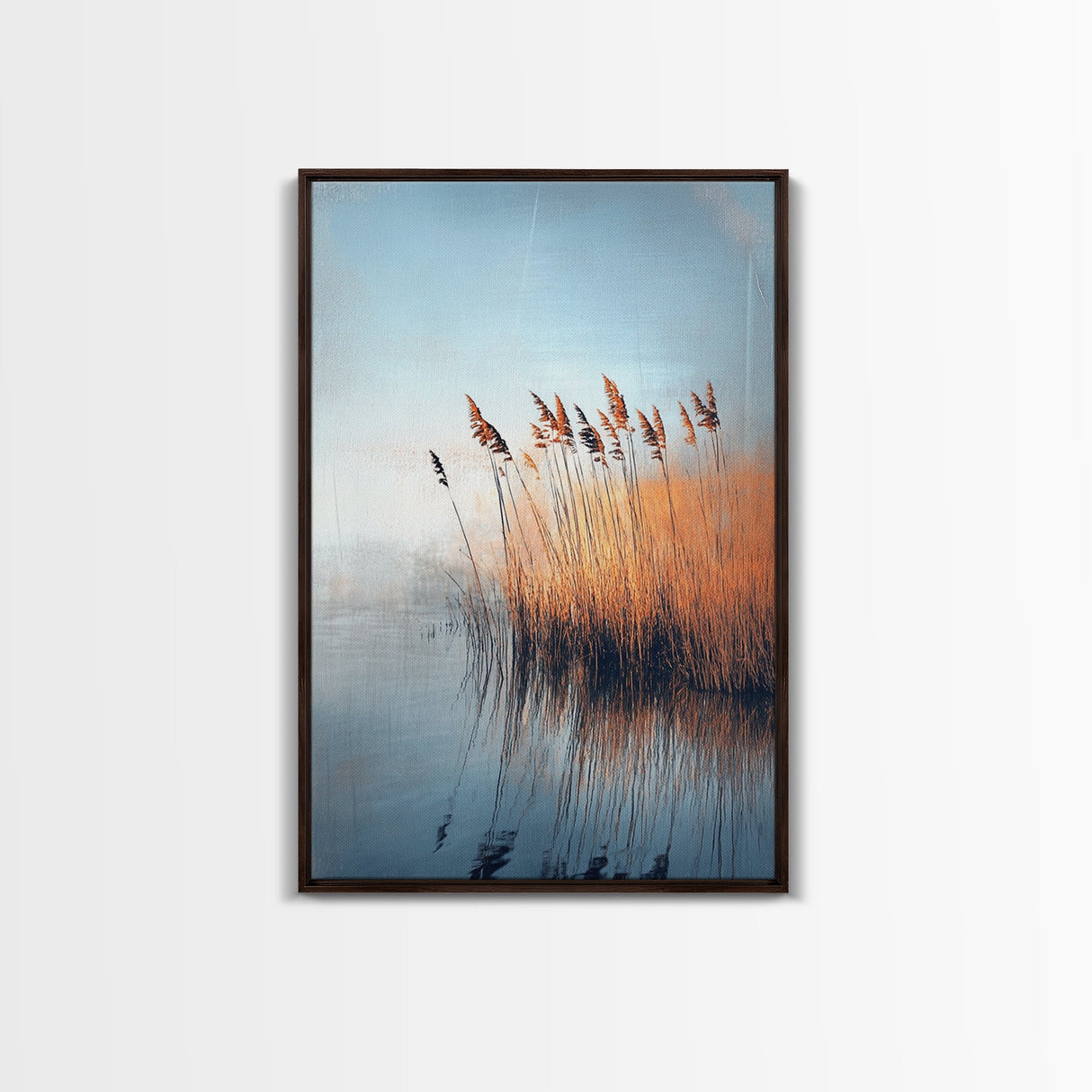 Lake Reeds Reflection, wabi sabi art, minimalist art, coastal decor, coastal landscape art, nautical painting, Framed Canvas Print