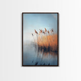 Lake Reeds Reflection, wabi sabi art, minimalist art, coastal decor, coastal landscape art, nautical painting, Framed Canvas Print