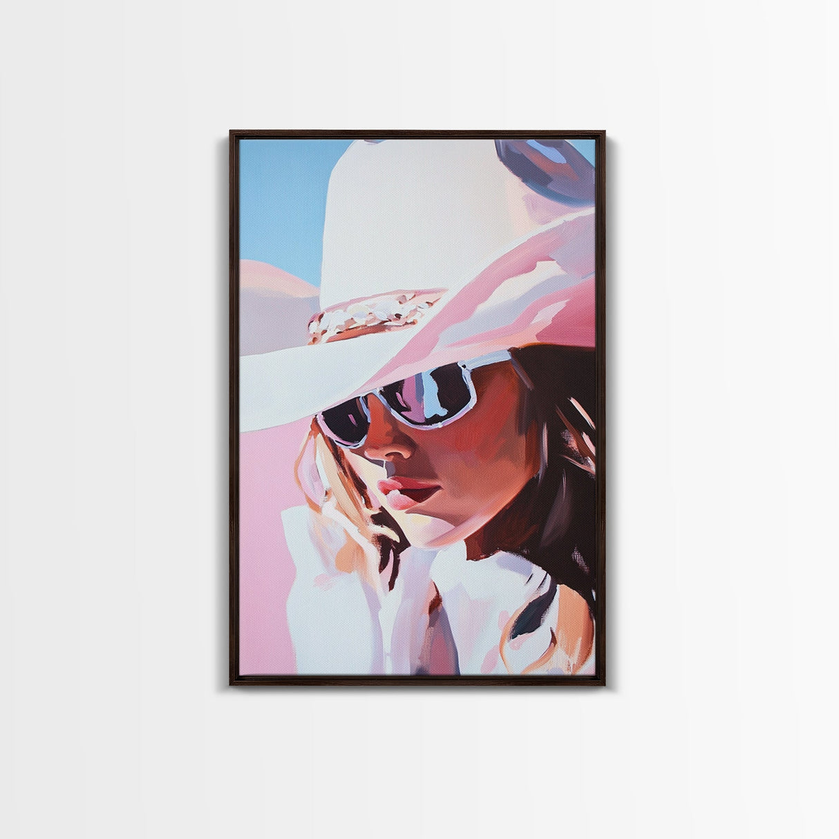 Pink Cowgirl Portrait, black cowgirl painting, western art, pink wall art for dorm, rustic decor, framed canvas print, gift idea for her