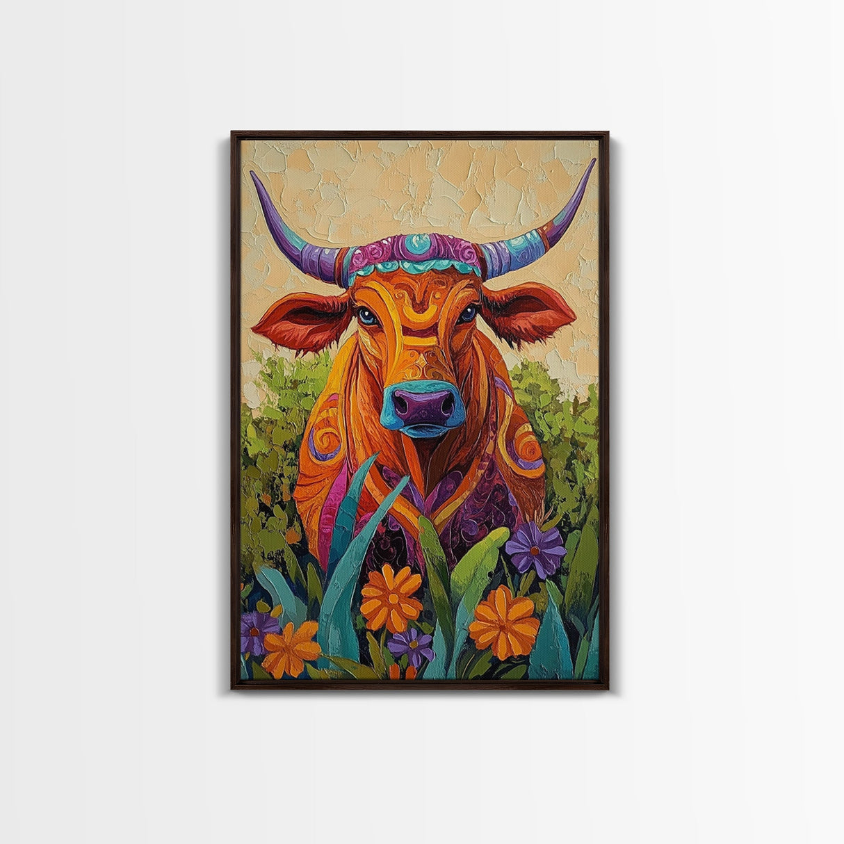 Colorful Bull Art, boho art, wabi sabi art, whimsical art, wildflower painting, framed canvas print, gift idea, rustic wall art