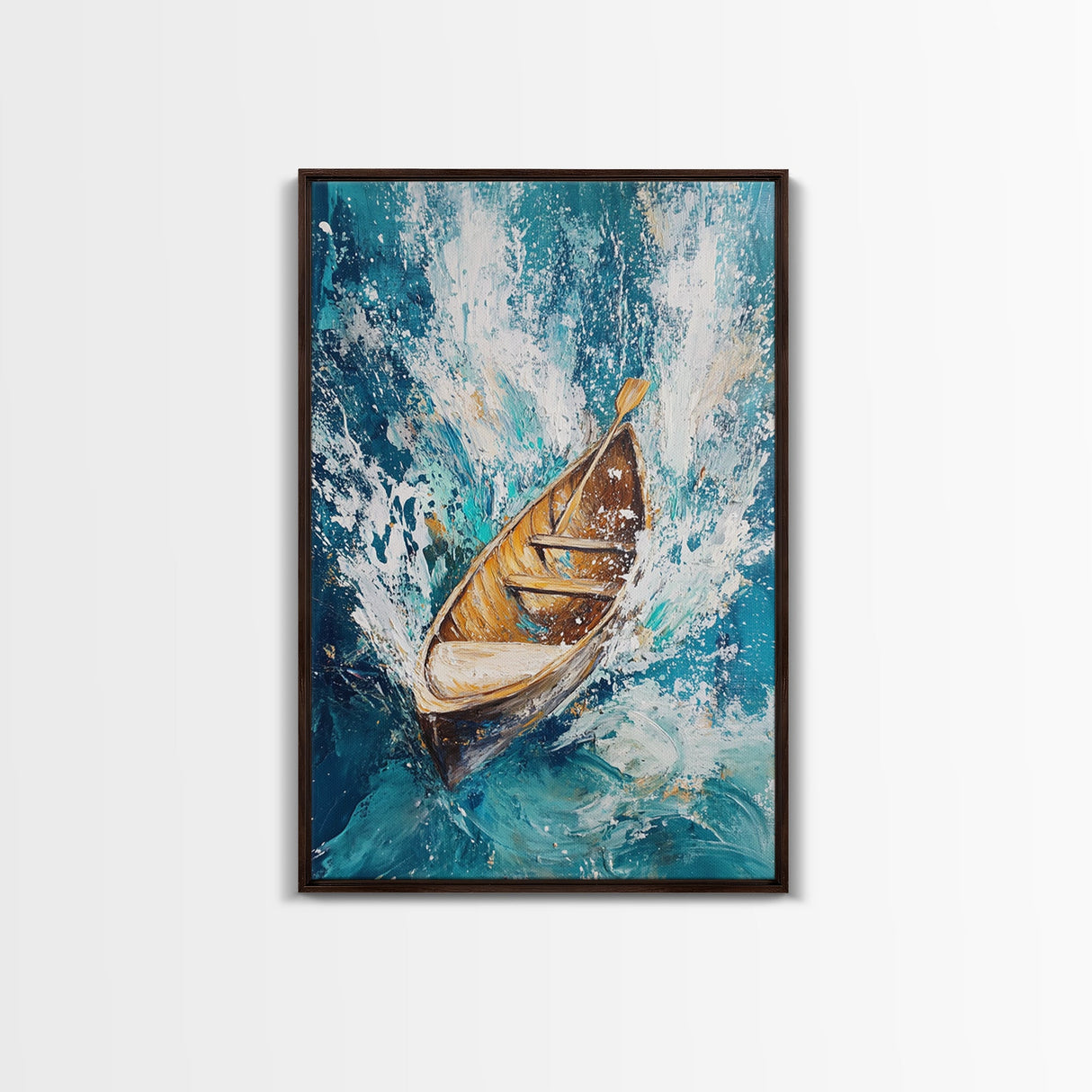 Wooden Boat in Waves, nautical painting, coastal decor, ocean waves art, seascape painting, framed canvas print, living room art, rustic art
