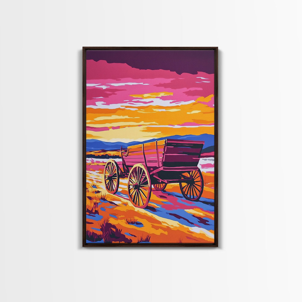 Sunset Wagon Art, pink orange wall art, Joshua tree art, rustic wall art, warm tones painting, framed canvas print, gift idea, extra wide art