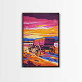 Sunset Wagon Art, pink orange wall art, Joshua tree art, rustic wall art, warm tones painting, framed canvas print, gift idea, extra wide art