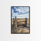 Rustic Fence Art, Prairie Landscape, Farmhouse Decor, Wabi Sabi Art, Western Wall Art, Nature Painting, Framed Canvas Print