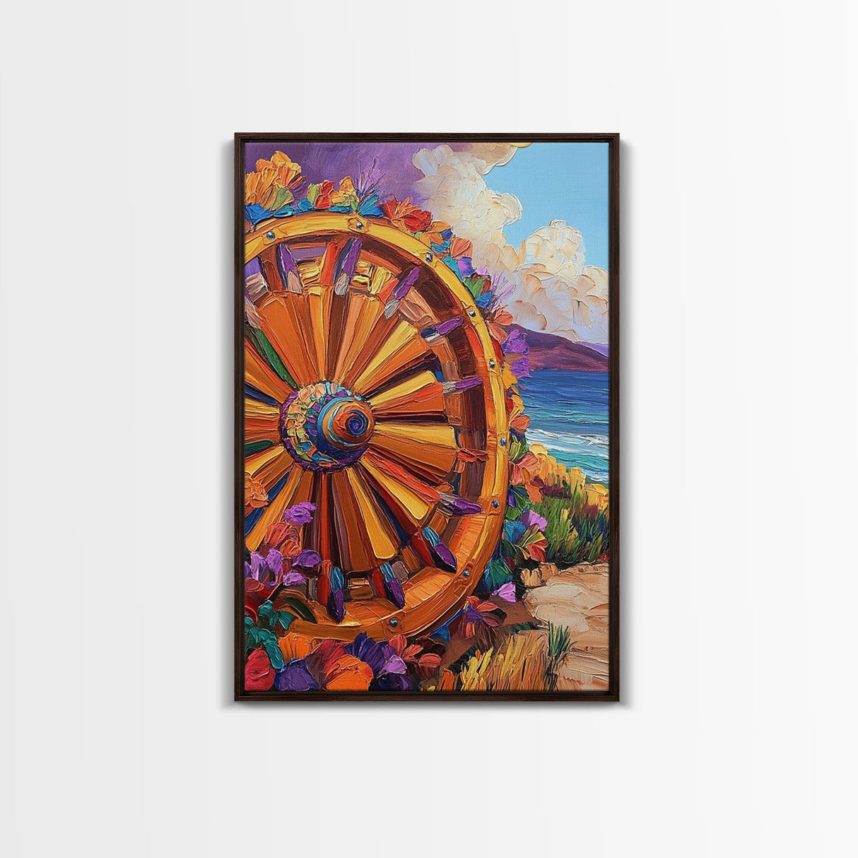 Wagon Wheel Art, Wildflower Painting, Rustic Wall Art, Framed Canvas Print, Boho Aesthetic, Southwest Decor, Farmhouse Art, Gift Idea