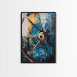Abstract Wagon Wheel, Teal Wall Art, Rustic Art, Framed Canvas Print, Moody Aesthetic, Boho Decor, Farmhouse Art, Gift Idea
