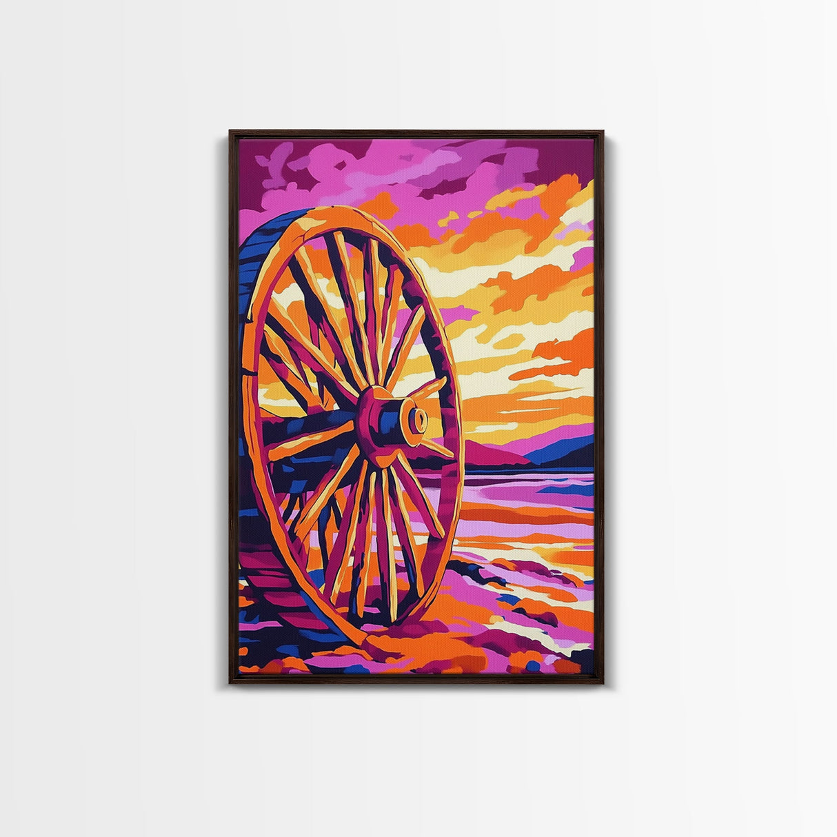 Sunset Wagon Wheel, Bold Color Painting, Southwest Wall Art, Framed Canvas Print, Rustic Decor, Western Aesthetic, Extra Wide Art, Gift Idea