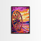 Sunset Wagon Wheel, Bold Color Painting, Southwest Wall Art, Framed Canvas Print, Rustic Decor, Western Aesthetic, Extra Wide Art, Gift Idea